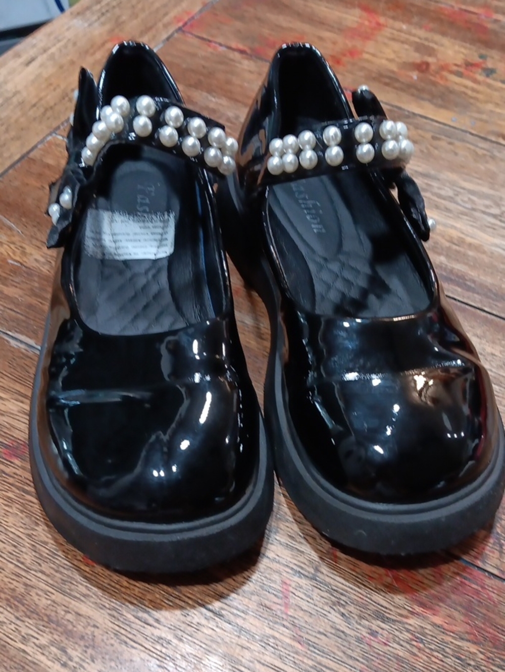 Patent Mary Jane Flats with Pearl Strap